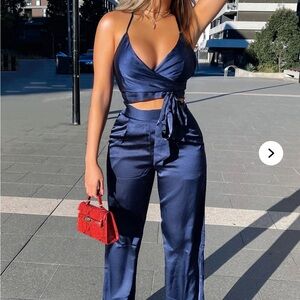 Fashion Nova Deep Blue Satin Jumpsuit